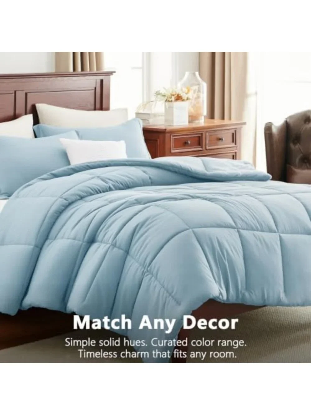 Cozy King Size 3-Piece Comforter Set - Box-Stitched Design, Light Blue Bedding